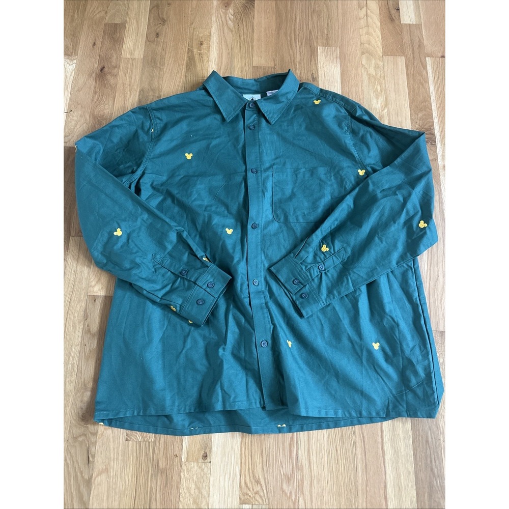 Disney Mickey Mouse Logo Embroidered Shirt 3XL Green Gold‎ Button Up Long Sleeve